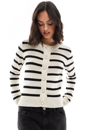 Brave Soul Crew neck stripe jersey knitted cardigan with gold buttons
