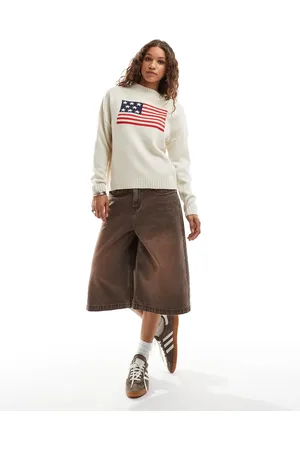 Daisy Street Knitted oversized jumper in cream with flag embroidery
