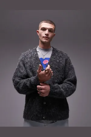 Topman Relaxed fit fluffy cardigan in grey texture