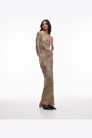 Topshop One shoulder bias cut maxi dress in tiger jacquard