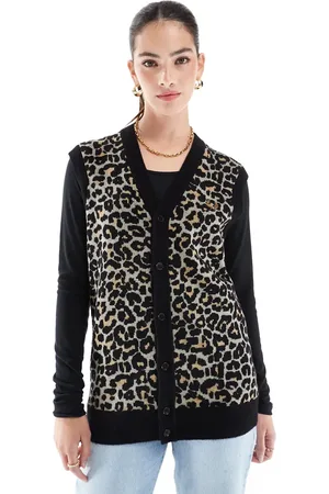 Fred Perry Oversized leopard print knitted vest in beige