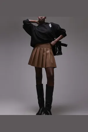 Topshop Tall faux leather clean pleat mini skirt in coffee