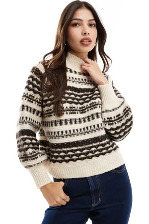 VERO MODA Chunky fairisle jumper in brown and cream