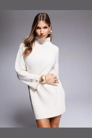 River Island Roll neck mini jumper dress in cream