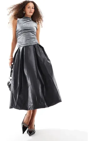 Amy Lynn Alexa PU midi dress in charcoal velvet