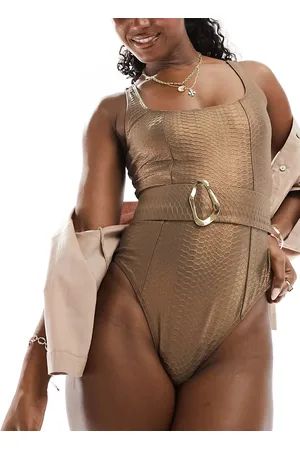 South Beach Snake embossed buckle front swimsuit in metallic