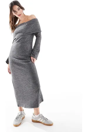VERO MODA Supersoft off shoulder ankle dress in dark melange