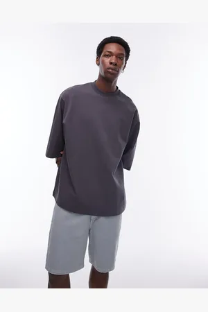 Topman Premium heavyweight oversized fit mid sleeve t-shirt 300gsm in charcoal