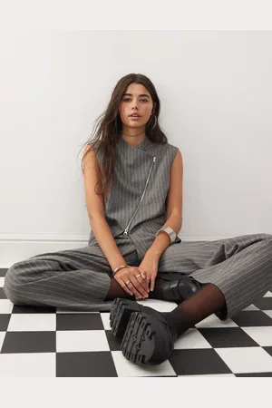 COLLUSION Co-ord sleeveless clean zip through shirt in charcoal pinstripe