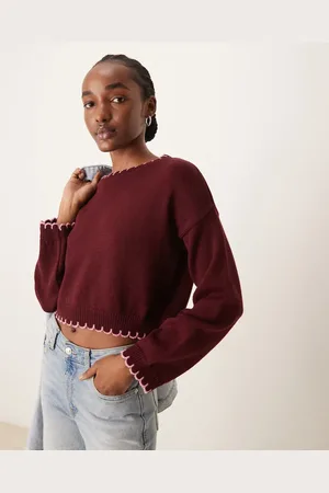 Miss Selfridge Blanket stitch jumper in burgundy