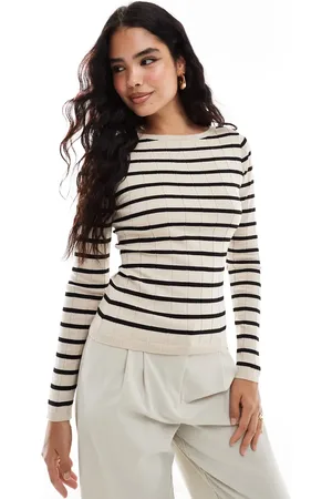 Pretty Lavish Slash neck knit top in cream stripe