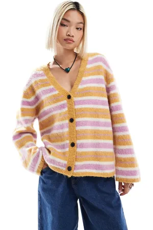 Monki Fluffy yarn knitted cardigan with v neck in pink and beige stripe