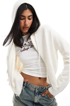 Miss Selfridge Zip through crop knit hoody in cream