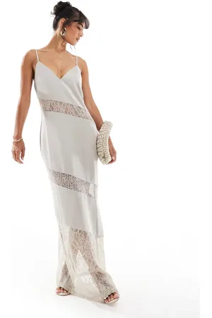 Pretty Lavish Asymmetric lace satin maxi dress in stone