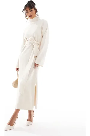 Pretty Lavish Tie waist knitted midaxi dress in cream