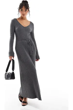Pretty Lavish Tie knit midaxi dress in charcoal
