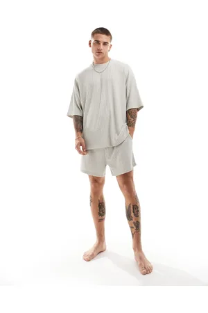 ASOS Rib lounge set with t-shirt and shorts in khaki