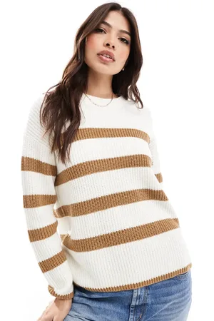 SELECTED Femme knitted jumper in cream with tan stripe