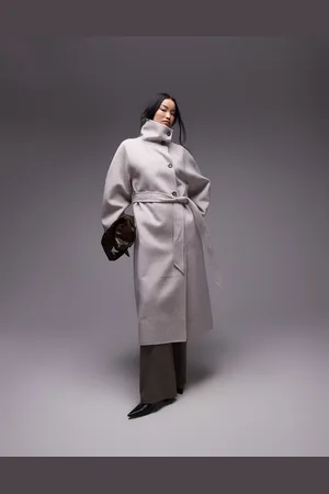 & OTHER STORIES Belted wool maxi coat with high funnel and sculptural sleeves in mole