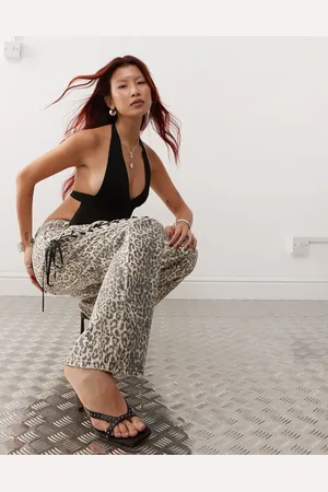 Lioness Lace up ribbon jean in faded leopard print