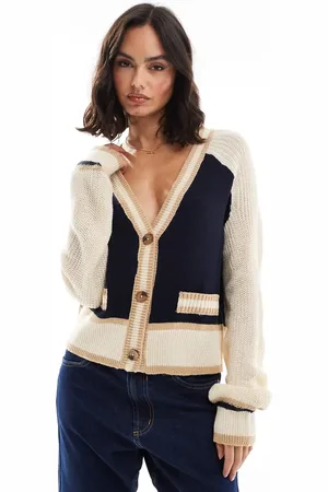 Brave Soul Collegiate button through cardigan with contrast trims and cream