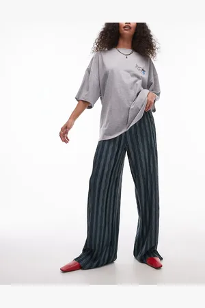 Topshop Vertical stripe plisse wide leg trouser in dark
