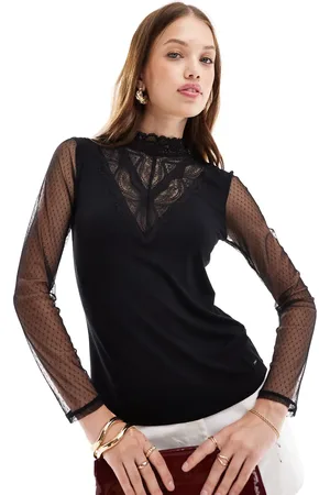 Morgan High neck lace detail dobby mesh top in