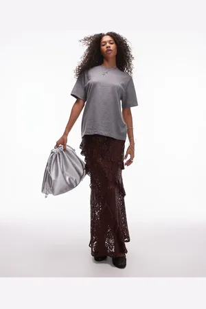Topshop Sheer lace ruffle maxi skirt in burgundy
