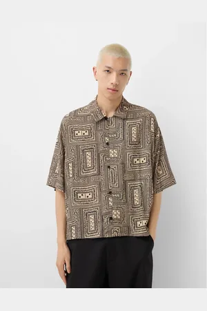 Bershka Collection patterned boxy oversized shirt in beige