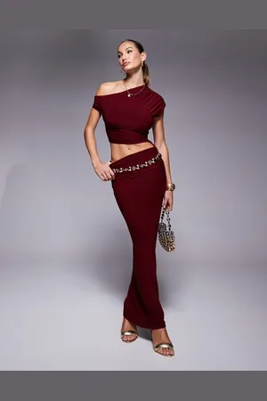 Kaiia Slinky ruched drawstring maxi skirt co-ord in burgundy