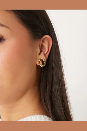 DesignB London Tigers eye amber stone stud earrings in