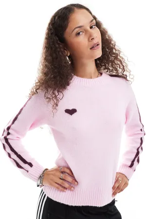 Monki Knitted raglan sleeve sweater in with burgundy contrast jacquard heart and stripe