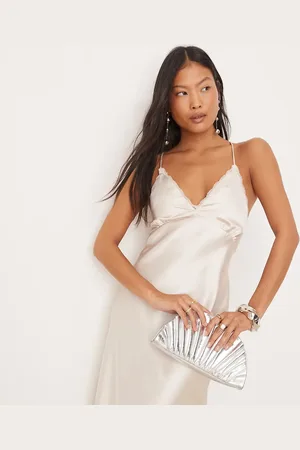 Miss Selfridge Satin maxi dress with lace insert in ivory