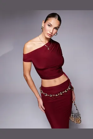 Kaiia Slinky ruched off shoulder drawstring top co-ord in burgundy