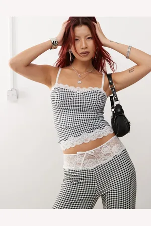 Lioness Corset cami top co-ord with lace trim in mono gingham