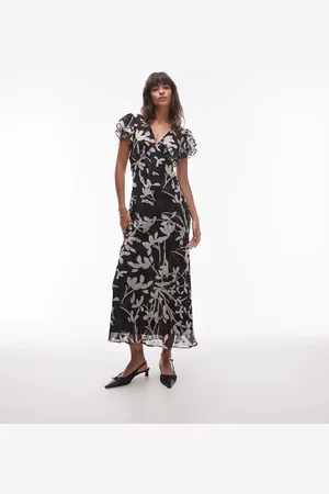 Topshop Flutter sleeve midi dress in mono floral