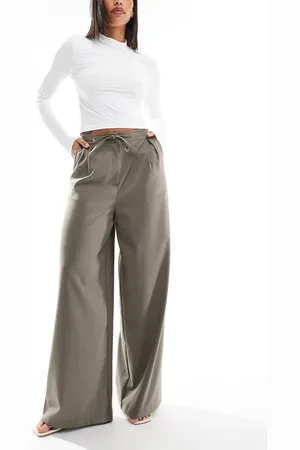 ASOS Tailored tie waist wide leg trousers with pleat detail in brushed khaki