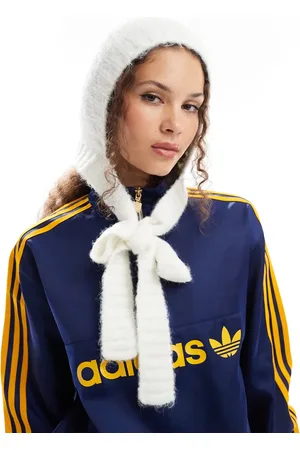 Monki Knitted bonnet tie up balaclava hood in off