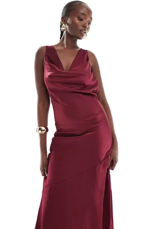 TFNC Satin cowl back maxi dress in berry