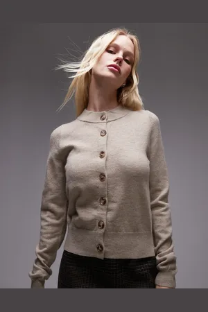 MANGO Round neck button down wool mix cardigan in beige
