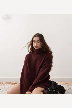 Weekday Annie wool blend roll neck mini knitted jumper dress in burgundy melange exclusive to ASOS