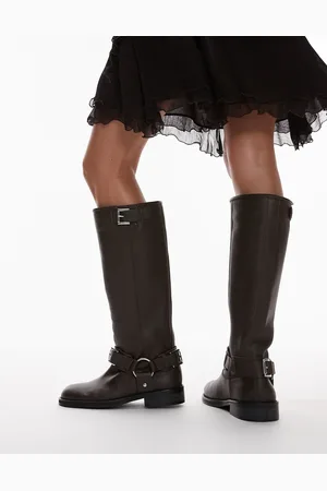 Topshop Tee premium leather knee high biker boots in washed