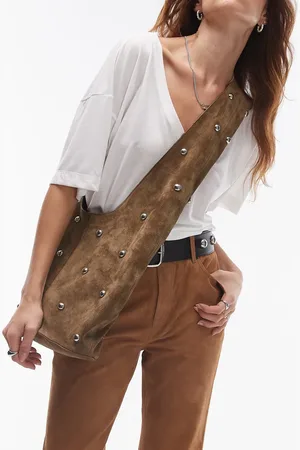 MANGO Suede studded slouchy shoulder bag in