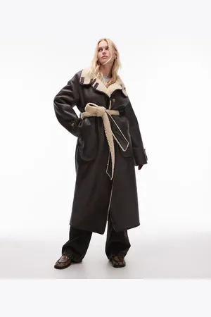 Topshop Faux leather oversized shearling trench coat in dark