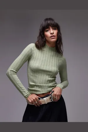 MANGO High neck ribbed knitted top in sage