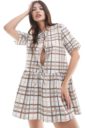 ONLY Tie front smock dress in check