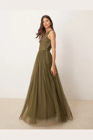 Lace & Beads Bridesmaid one shoulder tulle maxi dress in deep olive