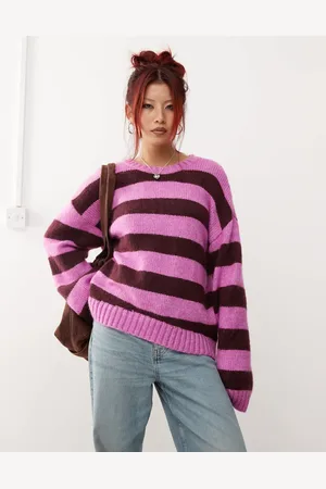 Monki Crew neck knitted sweater in and burgundy stripe