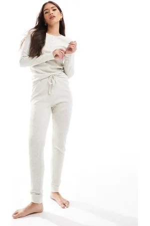 ASOS Lounge speckled waffle henley top and legging set in cream