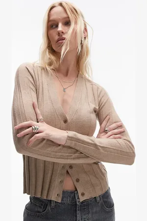 MANGO Ribbed button down cardigan in beige